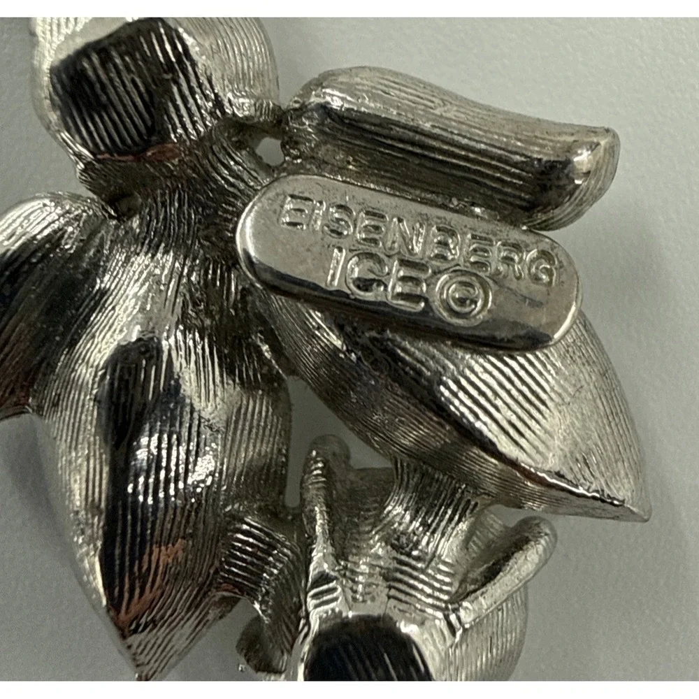 Vintage Eisenberg Ice Clip On Dangle Earrings Rhinestone Silver‎ Tone